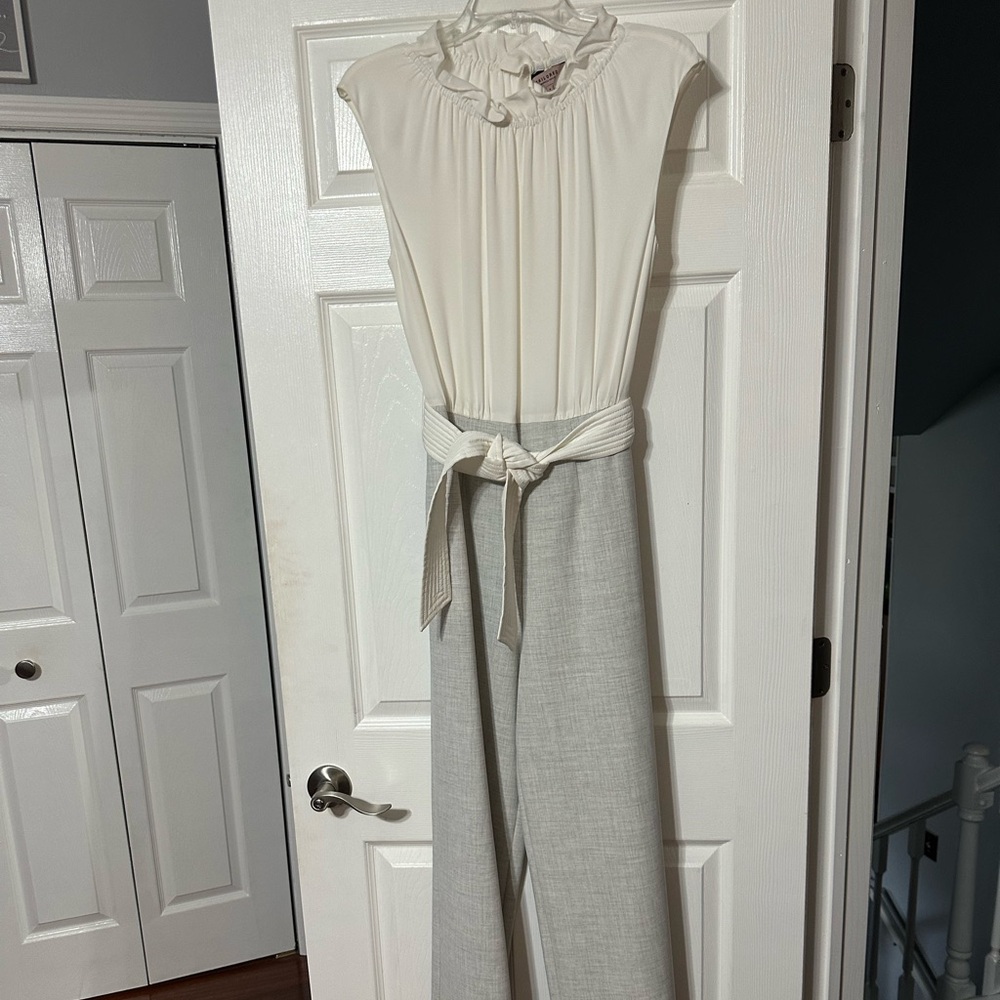 Rebecca Taylor Tailored Cream and Gray Jumpsuit with Tie Waist
